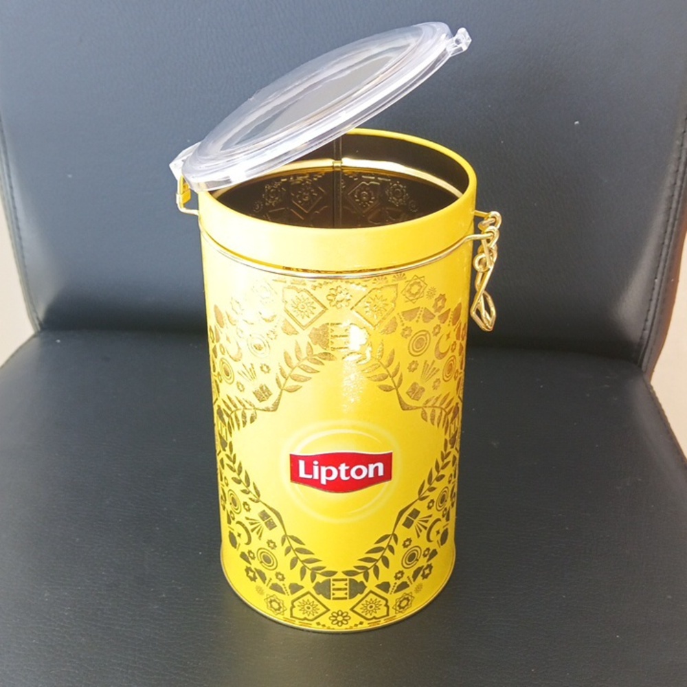 Engraved Tea Tin Jar 4.25"⌀ 7.5"h w/Gold Accents & Red Lipton Logo Plastic Lid